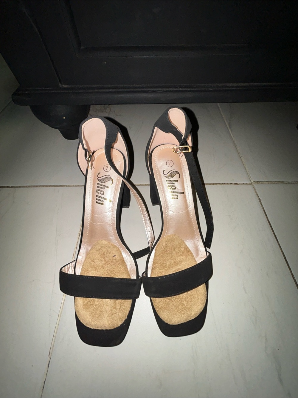 SHEIN Black Strappy Block Heel Sandals with Beige Footbed